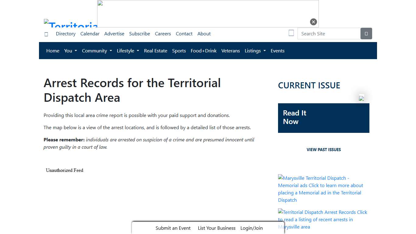 Arrest Records for the Territorial Dispatch Area